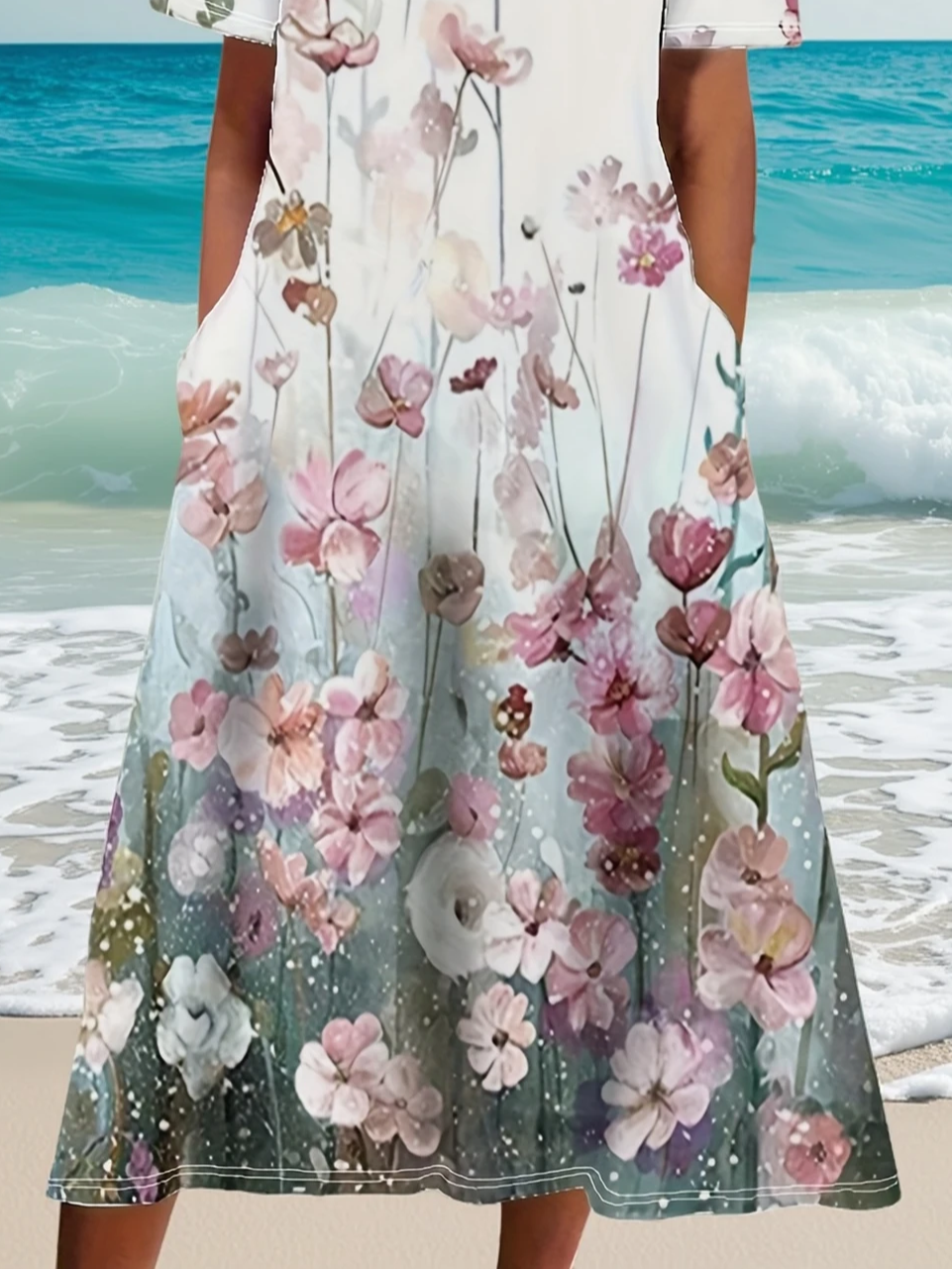 Damen Geblümt Halbarm Sommer Print Kleid Rundhals Täglich Lässig Maxikleid A-Linien-Kleid