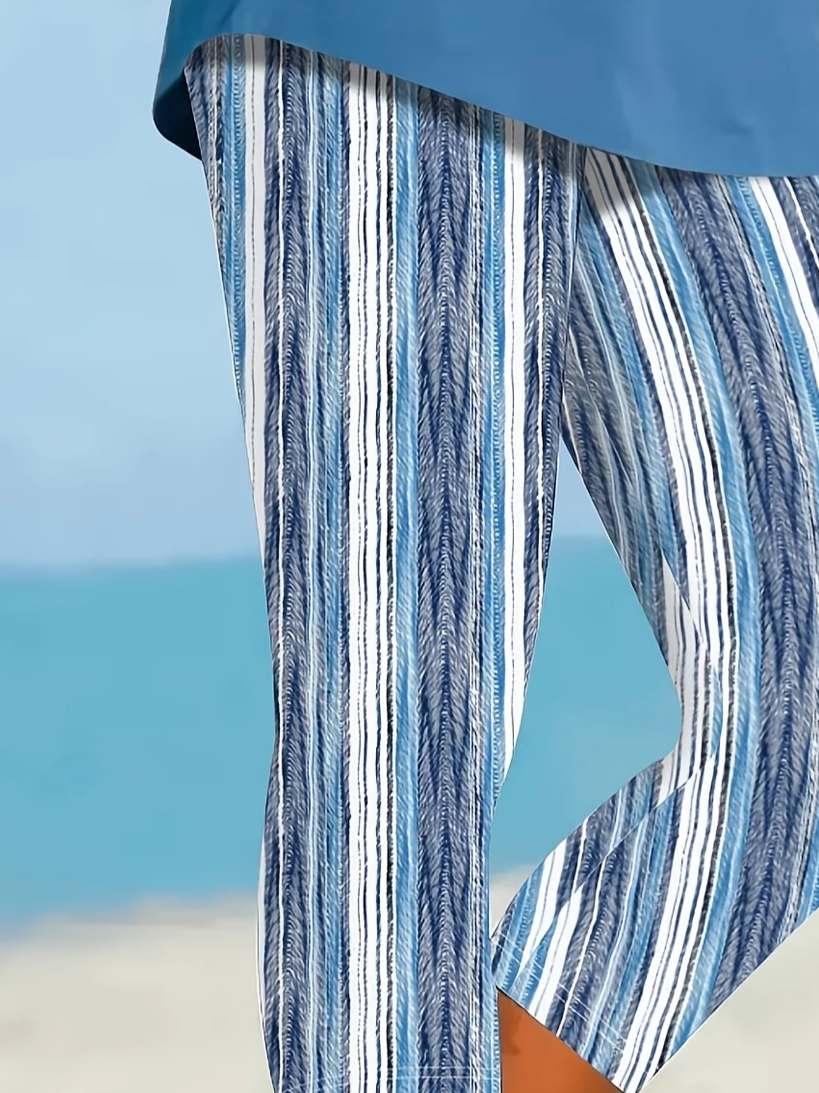 Damen Gestreift Caprihosen Elastische Taille Hose Lässig Sommer Hose
