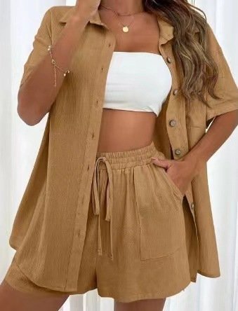 Damen Unifarben Nahtverarbeitung Zweiteiliges Set Täglich Kurzarm Lässig Sommer Bluse mit Hose Matching Set