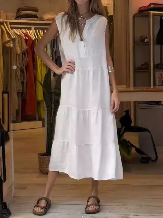 Damen Unifarben Ärmellos Sommer Nahtverarbeitung Kleid Halb offener Kragen Täglich Retro Maxikleid Tanktop A-Linien-Kleid