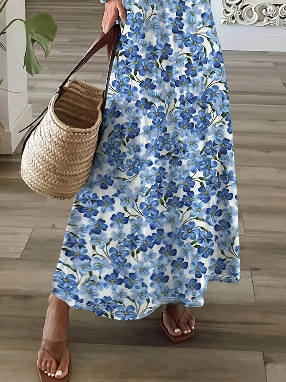 Damen Geblümt Kurzarm Sommer Print Kleid V-Ausschnitt Täglich Lässig Maxikleid X-Linie Kleid