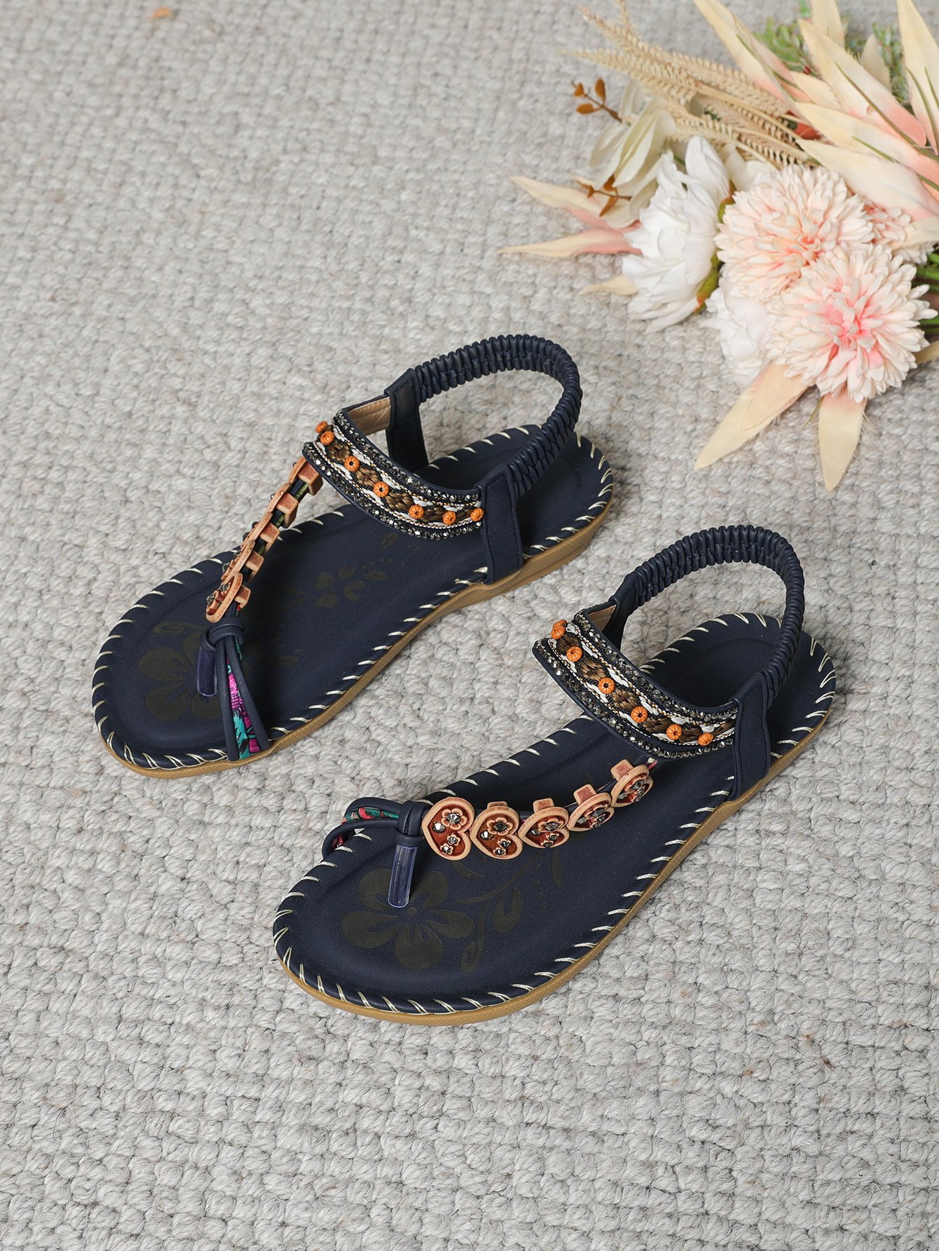 Bohemien Ethnisch Stil Schuhe für Damen Sommer Fashion Strand Flach Pantolette Perlen Diamant Zehentrenner Pantolette