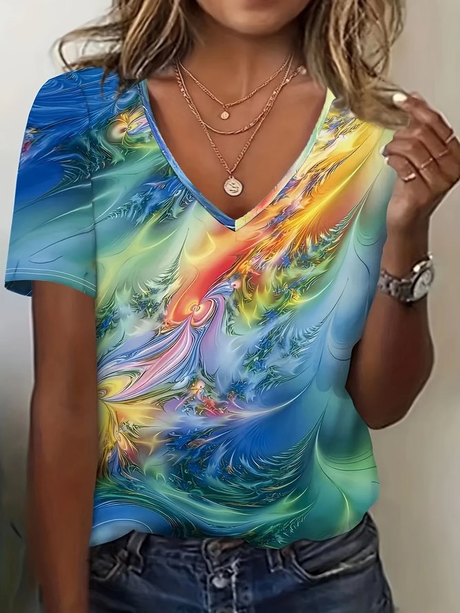 Damen Abstrakt Kurzarm T-Shirts T-Shirt V-Ausschnitt Print Lässig Sommer T-Shirt mit Grafik Oberteile