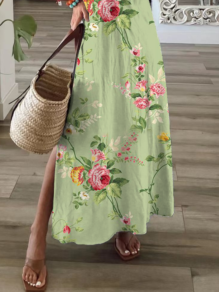 Damen Geblümt Kurzarm Sommer Print Kleid V-Ausschnitt Täglich Lässig Maxikleid X-Linie Kleid