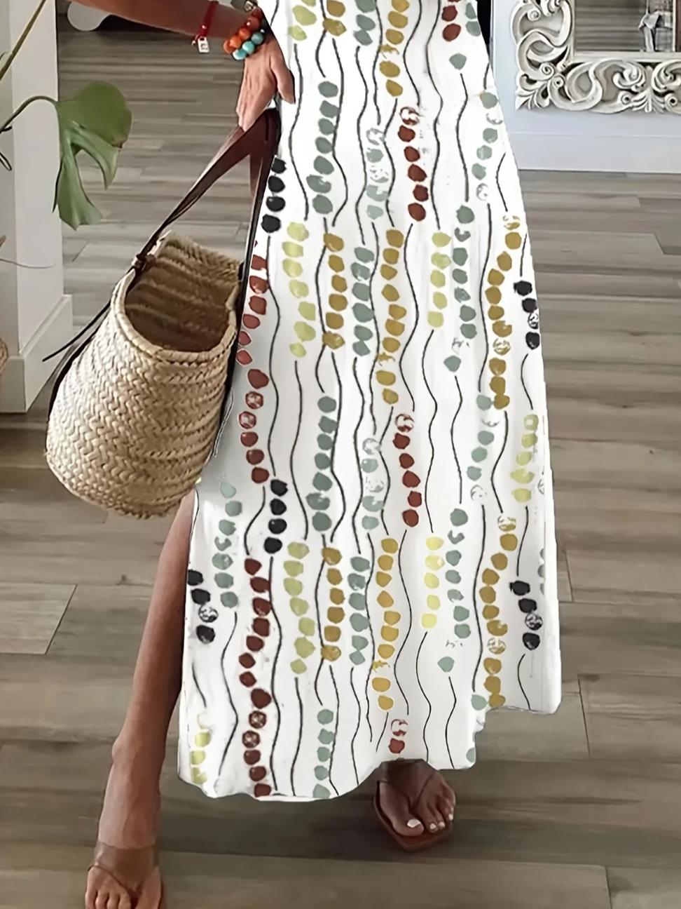 Damen Abstrakte Tupfen Kurzarm Sommer Print Kleid V-Ausschnitt Täglich Lässig Maxikleid X-Linie Kleid