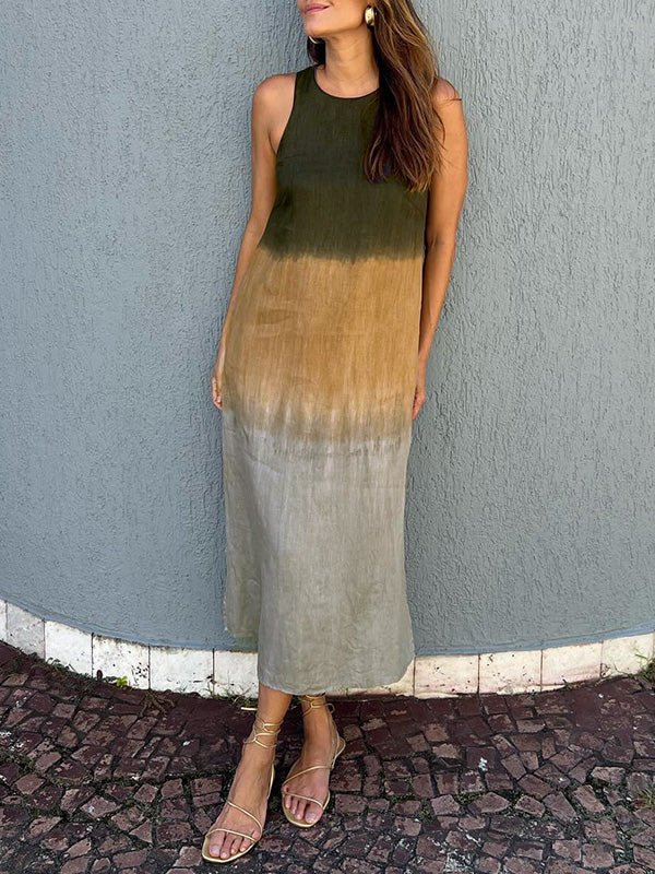 Damen Farbverlauf Ärmellos Sommer Kleid Rundhals Täglich Lässig Maxikleid Fließendes Kleid A-Linien-Kleid