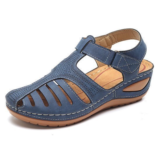 Retro Baotou Pantolette für Damen Sommer Neu Loch Schuhe Dicker Boden Rund Keilabsatz Tintenfisch Pantolette