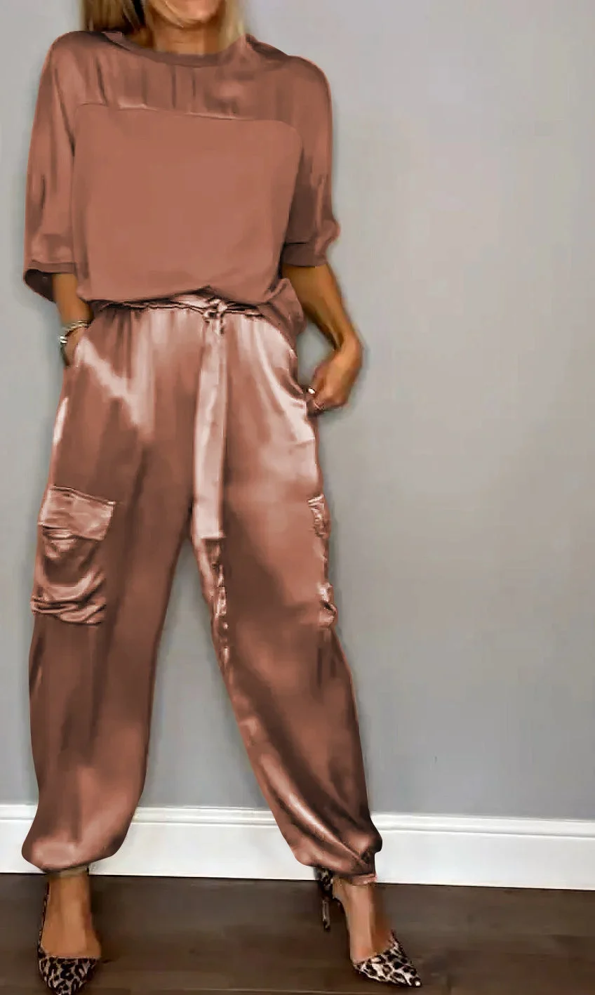 Damen Unifarben Taschennähen Zweiteiliges Set Täglich Halbarm Lässig Sommer Bluse mit Hose Matching Set