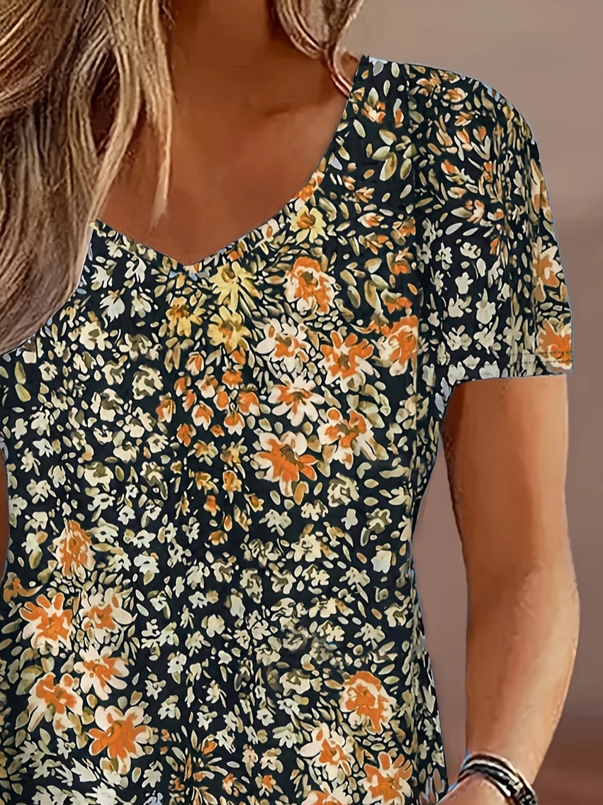 Damen Geblümt Kurzarm T-Shirts T-Shirt V-Ausschnitt Print Lässig Sommer T-Shirt mit Grafik Oberteile
