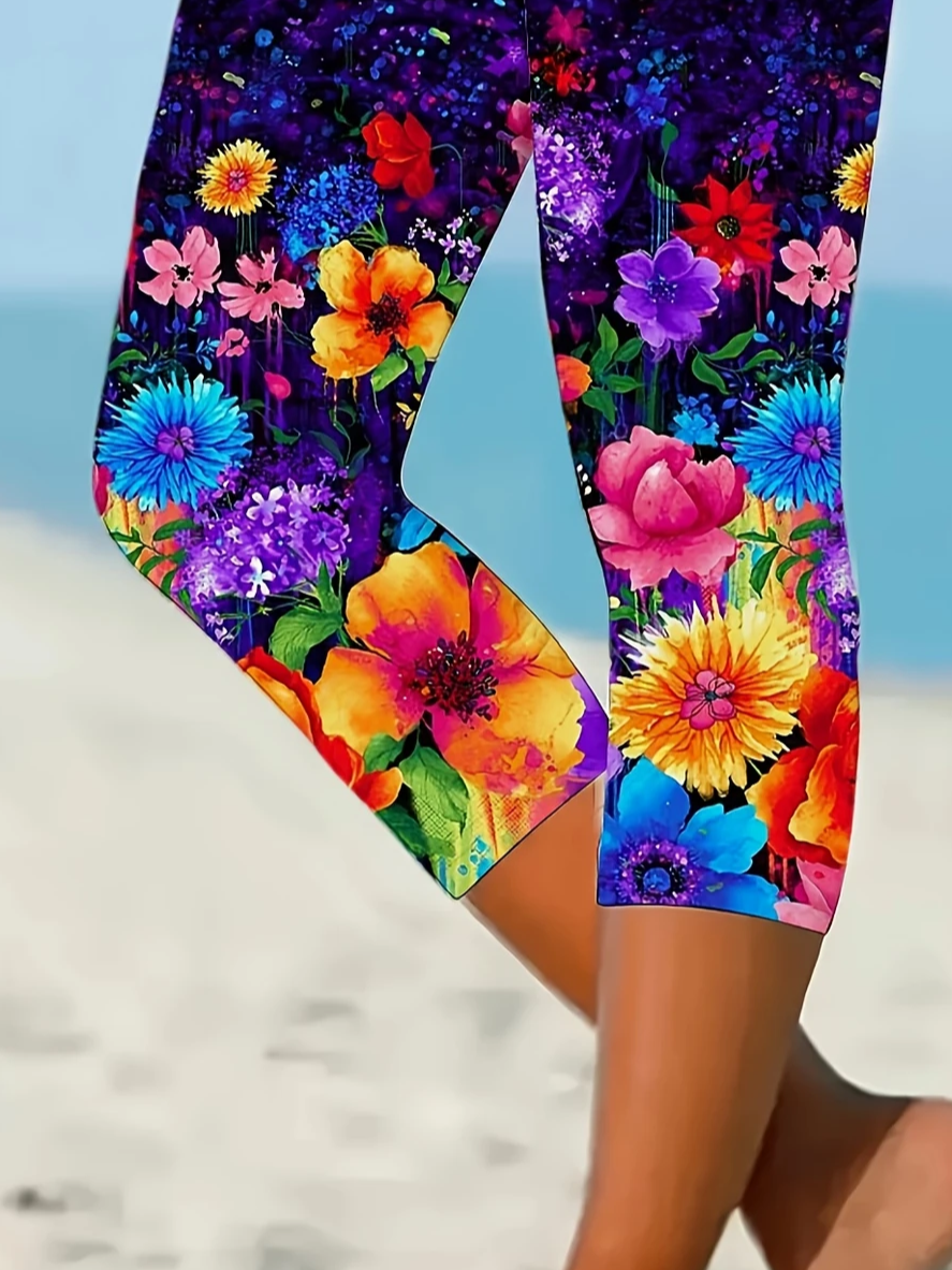 Damen Geblümt Caprihosen Elastische Taille Hose Lässig Sommer Hose