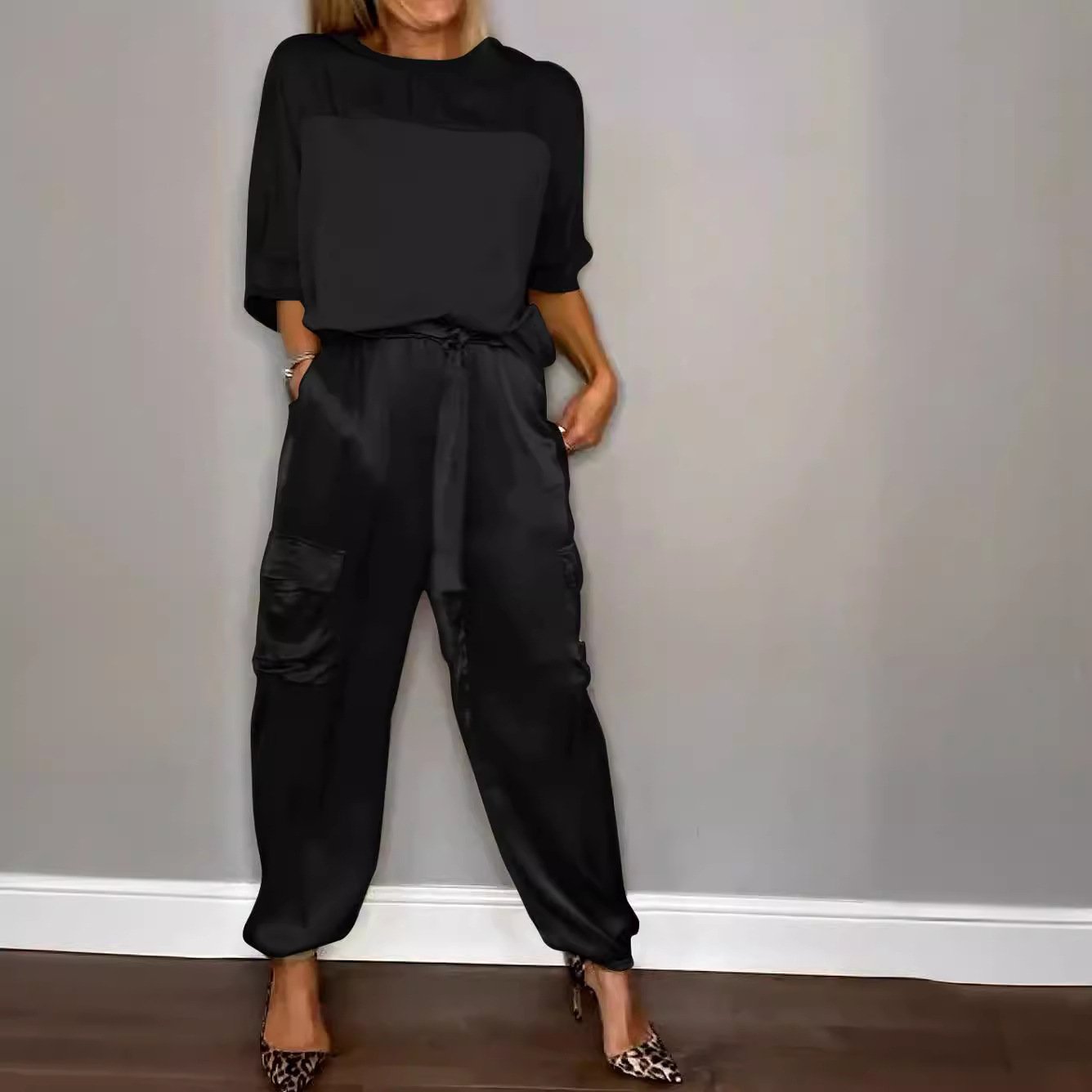 Damen Unifarben Taschennähen Zweiteiliges Set Täglich Halbarm Lässig Sommer Bluse mit Hose Matching Set