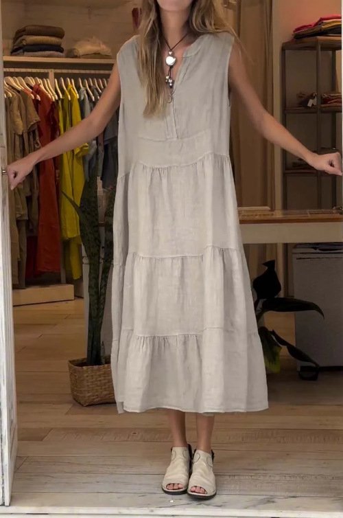 Damen Unifarben Ärmellos Sommer Nahtverarbeitung Kleid Halb offener Kragen Täglich Retro Maxikleid Tanktop A-Linien-Kleid