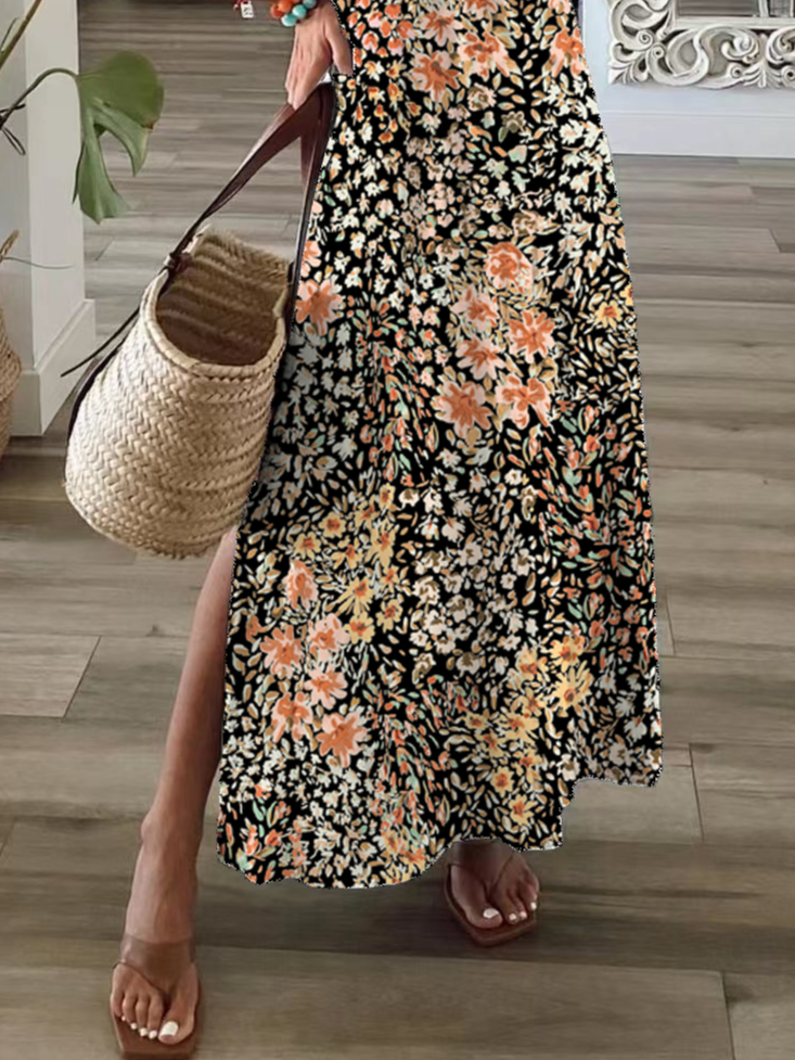 Damen Geblümt Kurzarm Sommer Print Kleid V-Ausschnitt Täglich Lässig Maxikleid X-Linie Kleid