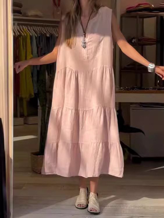 Damen Unifarben Ärmellos Sommer Nahtverarbeitung Kleid Halb offener Kragen Täglich Retro Maxikleid Tanktop A-Linien-Kleid