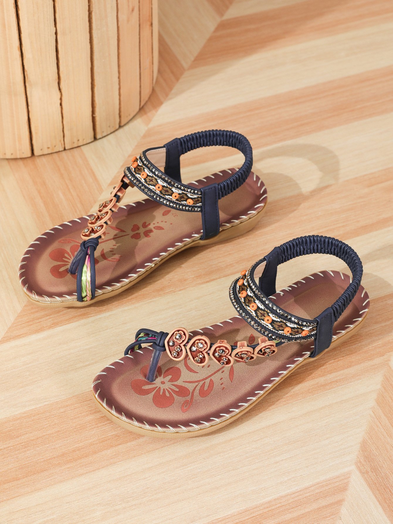 Bohemien Ethnisch Stil Schuhe für Damen Sommer Fashion Strand Flach Pantolette Perlen Diamant Zehentrenner Pantolette