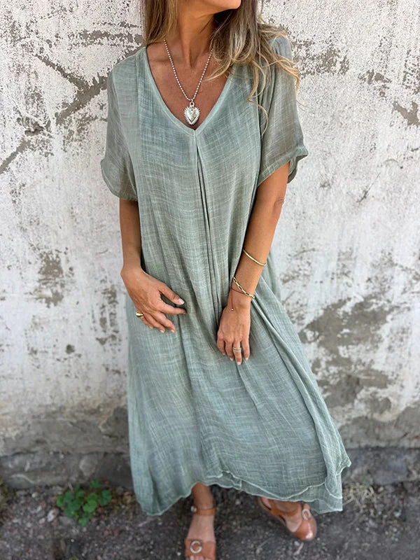 Damen Unifarben Kurzarm Sommer Nahtverarbeitung Kleid V-Ausschnitt Täglich Retro Maxikleid Tanktop A-Linien-Kleid