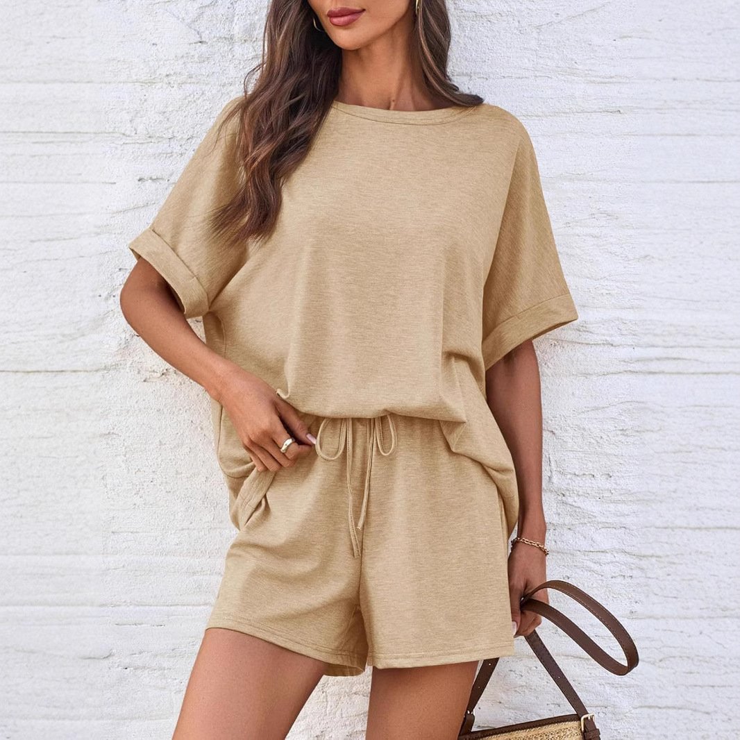 Damen Unifarben Taschennähen Dolman-Ärmel Zweiteiliges Set Täglich Halbarm Lässig Sommer Bluse mit Hose Matching Set