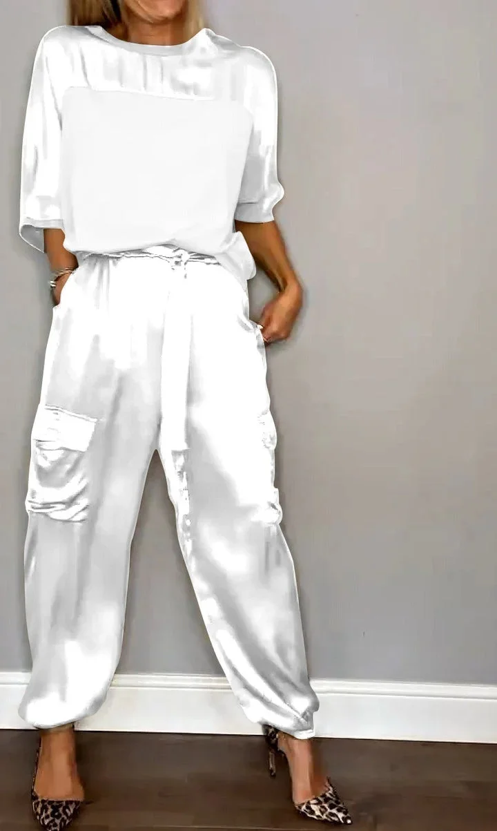 Damen Unifarben Taschennähen Zweiteiliges Set Täglich Halbarm Lässig Sommer Bluse mit Hose Matching Set