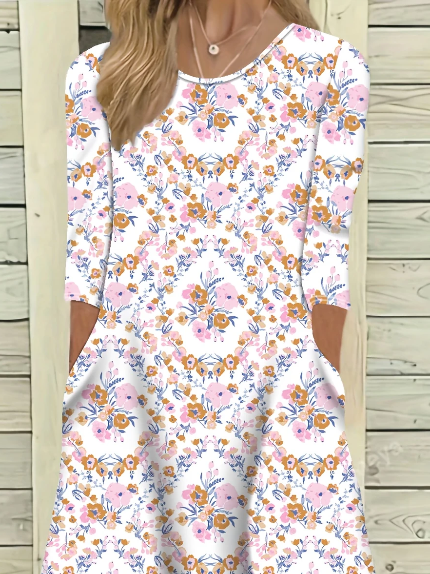 Damen Geblümt Halbarm Sommer Print Kleid Rundhals Täglich Lässig Maxikleid A-Linien-Kleid