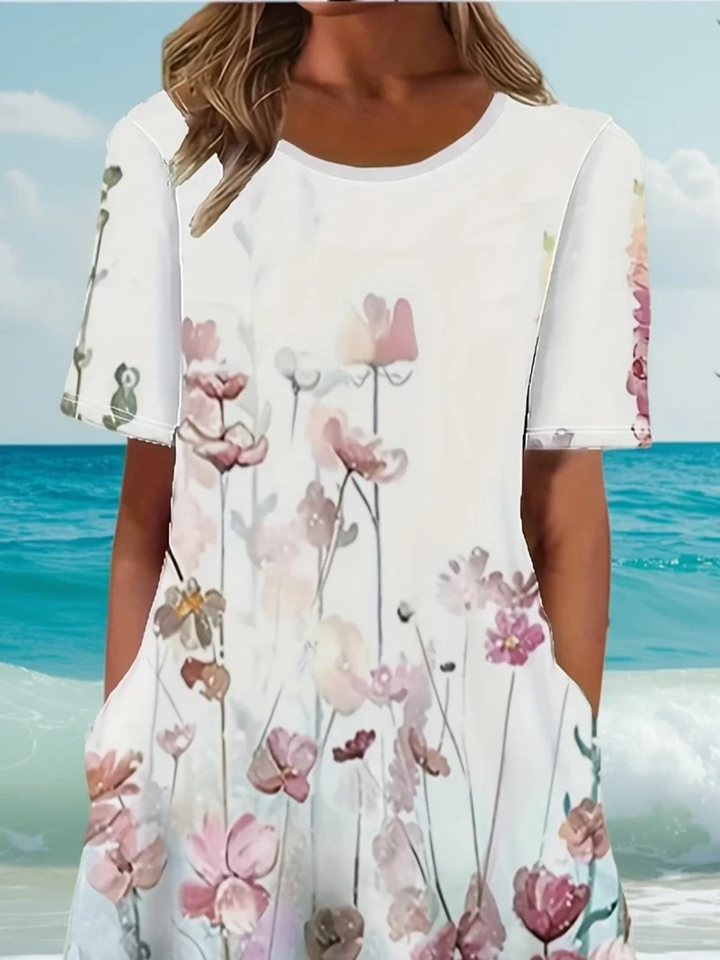 Damen Geblümt Halbarm Sommer Print Kleid Rundhals Täglich Lässig Maxikleid A-Linien-Kleid