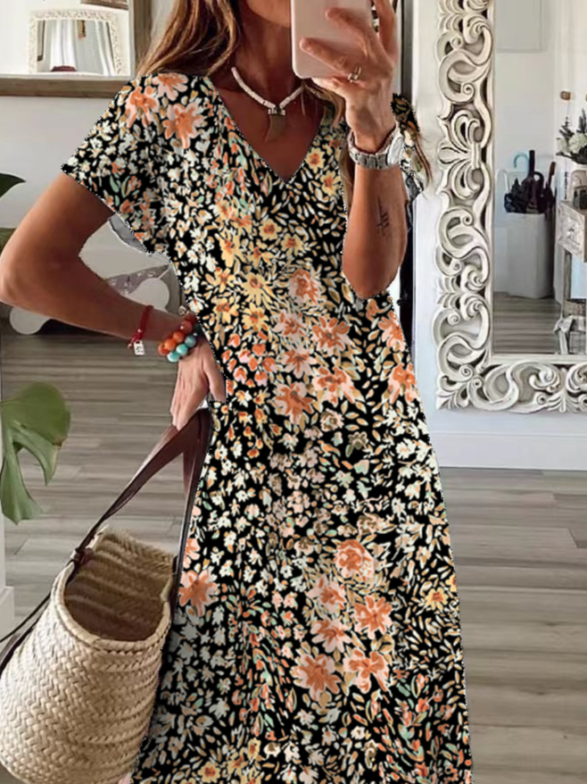 Damen Geblümt Kurzarm Sommer Print Kleid V-Ausschnitt Täglich Lässig Maxikleid X-Linie Kleid