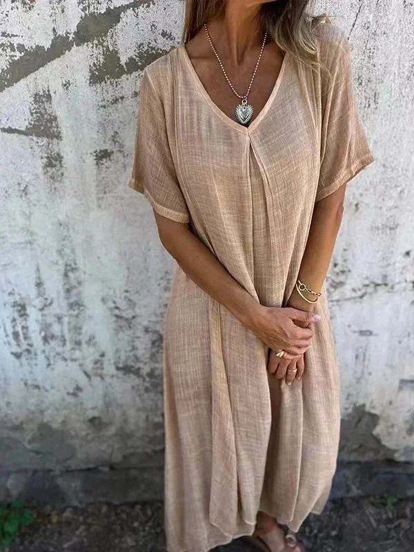 Damen Unifarben Kurzarm Sommer Nahtverarbeitung Kleid V-Ausschnitt Täglich Retro Maxikleid Tanktop A-Linien-Kleid