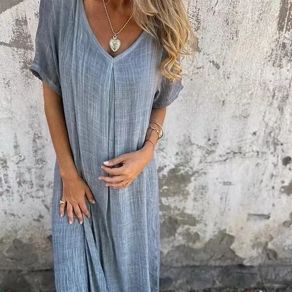 Damen Unifarben Kurzarm Sommer Nahtverarbeitung Kleid V-Ausschnitt Täglich Retro Maxikleid Tanktop A-Linien-Kleid