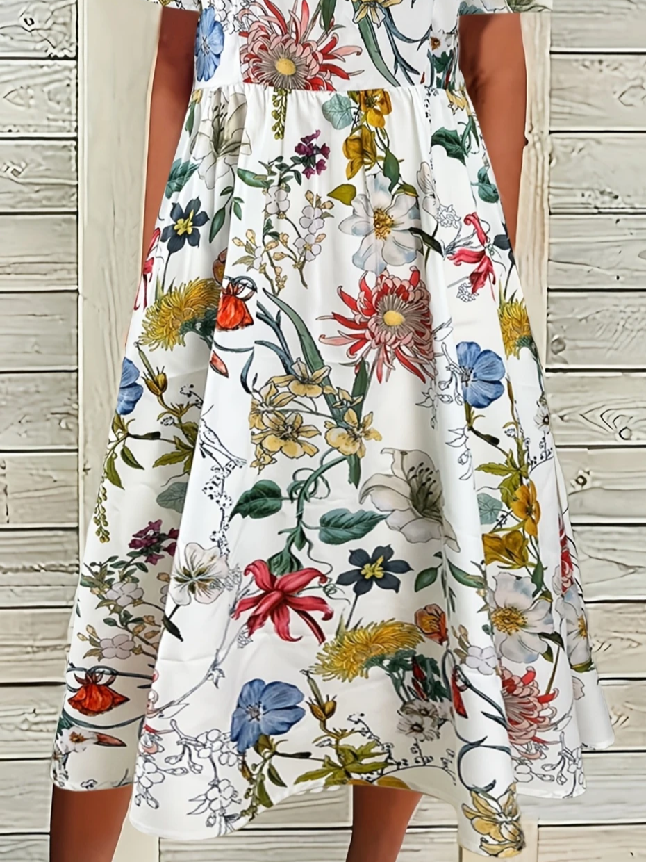 Damen Geblümt Halbarm Sommer Print Kleid Rundhals Täglich Lässig Maxikleid A-Linien-Kleid