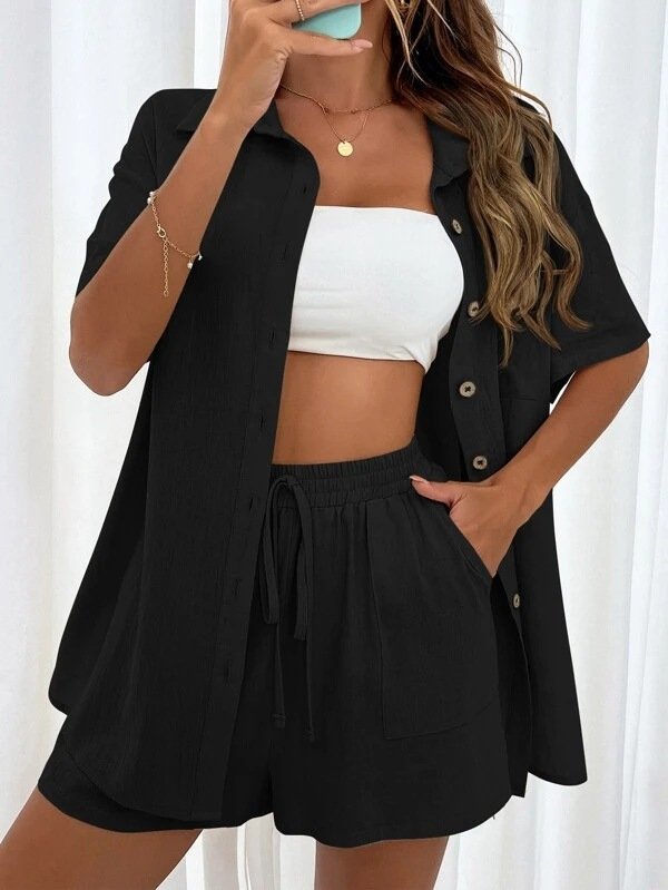 Damen Unifarben Nahtverarbeitung Zweiteiliges Set Täglich Kurzarm Lässig Sommer Bluse mit Hose Matching Set