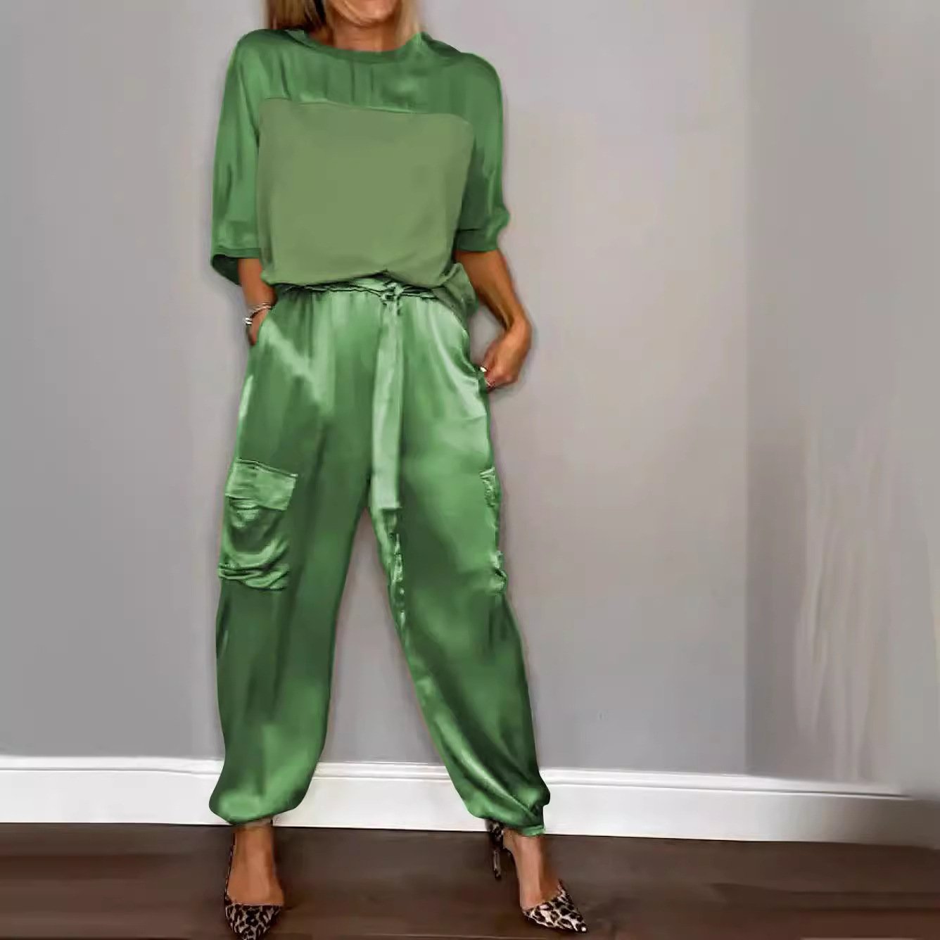 Damen Unifarben Taschennähen Zweiteiliges Set Täglich Halbarm Lässig Sommer Bluse mit Hose Matching Set