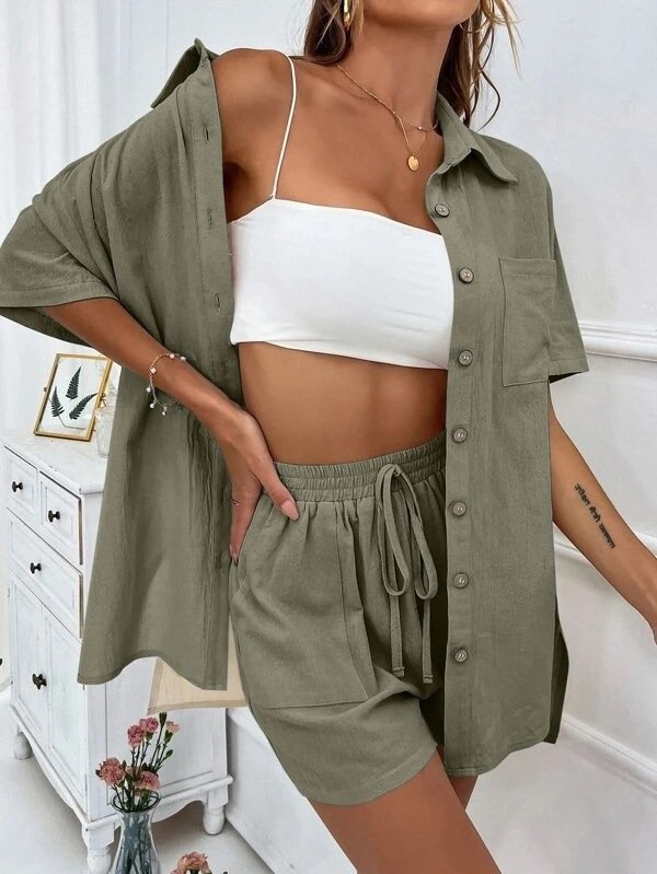 Damen Unifarben Nahtverarbeitung Zweiteiliges Set Täglich Kurzarm Lässig Sommer Bluse mit Hose Matching Set