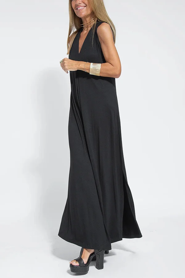 Damen Unifarben Ärmellos Sommer Nahtverarbeitung Kleid V-Ausschnitt Täglich Lässig Maxikleid Passen & Flare Kleid A-Linien-Kleid