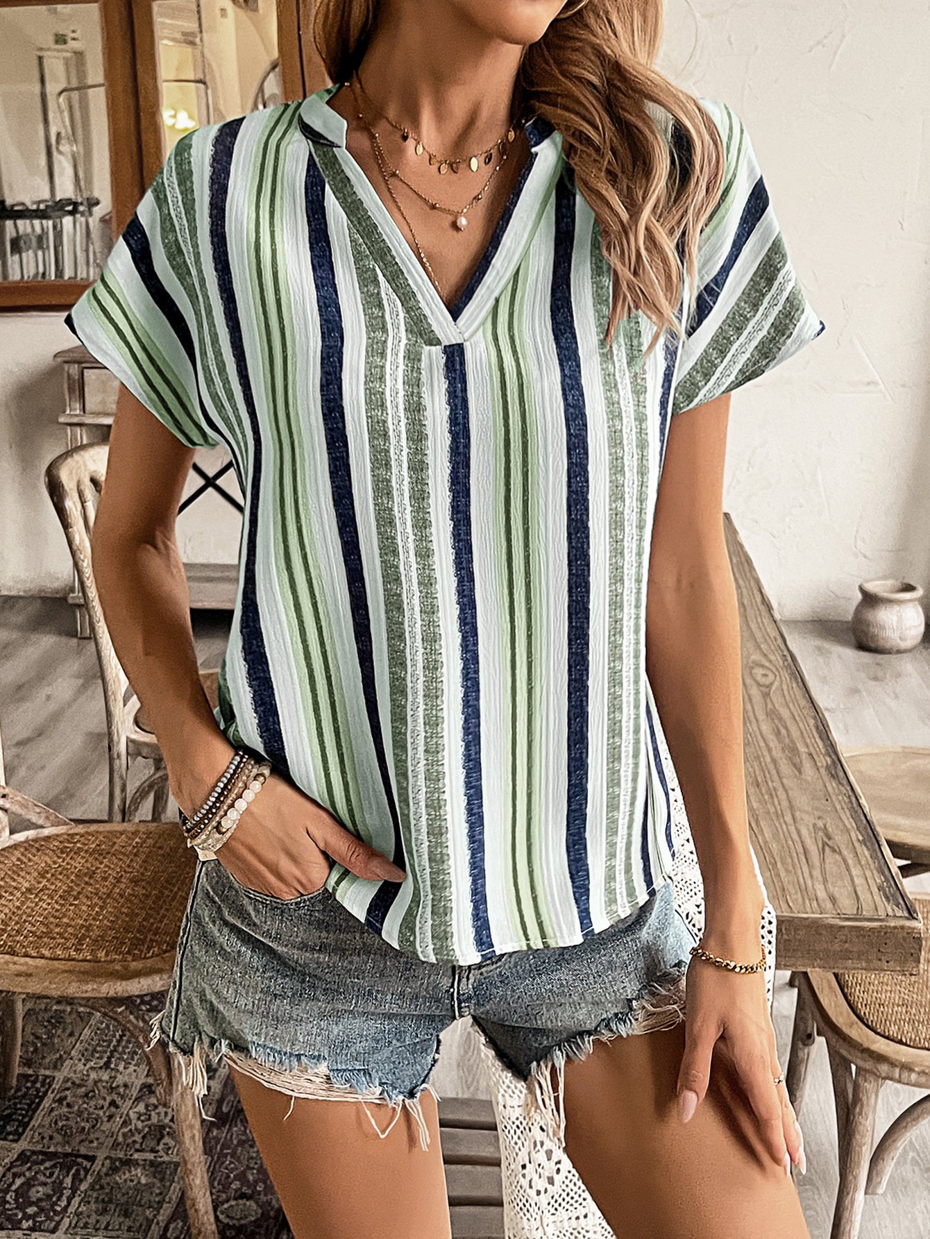 Damen Gestreift Kurzarm T-Shirts T-Shirt V-Ausschnitt Print Lässig Sommer Oberteile