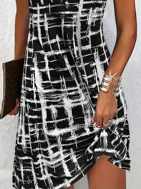 Damen Abstrakt Kariert Kurzarm Sommer Print Kleid Rundhals Täglich Lässig Mini Tunika H-Linie Kleid