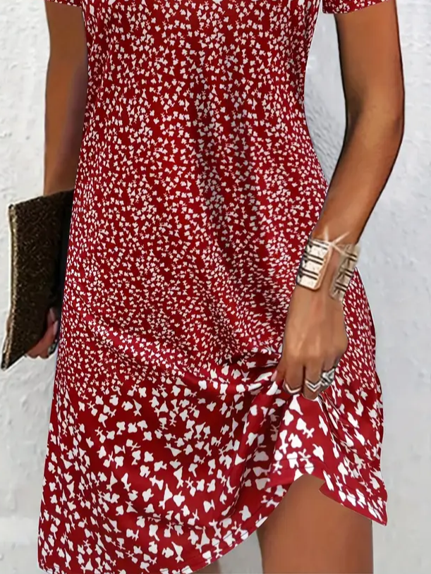 Damen Blumenmuster Kurzarm Sommer Print Kleid Rundhals Täglich Lässig Mini Tunika H-Linie Kleid