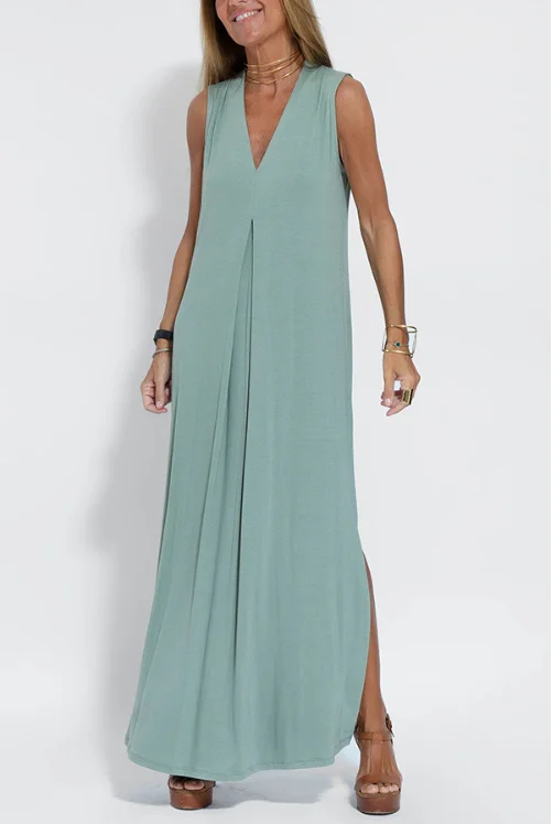 Damen Unifarben Ärmellos Sommer Nahtverarbeitung Kleid V-Ausschnitt Täglich Lässig Maxikleid Passen & Flare Kleid A-Linien-Kleid