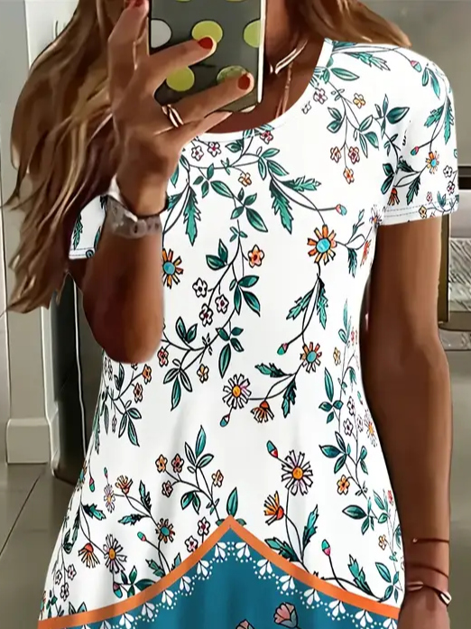 Damen Geblümt Kurzarm Sommer Print Kleid Rundhals Täglich Lässig Mini Tunika H-Linie Kleid