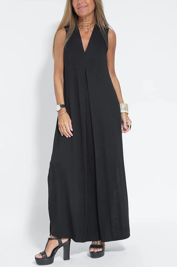 Damen Unifarben Ärmellos Sommer Nahtverarbeitung Kleid V-Ausschnitt Täglich Lässig Maxikleid Passen & Flare Kleid A-Linien-Kleid