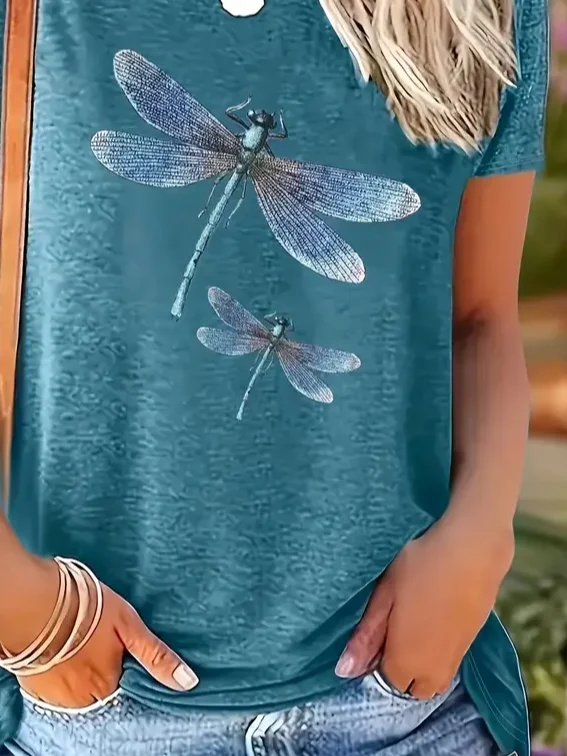 Damen Libelle Kurzarm T-Shirts T-Shirt Rundhals Print Lässig Sommer T-Shirt mit Grafik Oberteile