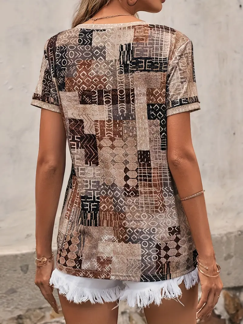 Damen Geometrisch Kurzarm T-Shirts T-Shirt V-Ausschnitt Print Lässig Sommer T-Shirt mit Grafik Oberteile