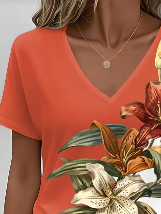 Damen Geblümt Kurzarm T-Shirts T-Shirt V-Ausschnitt Print Lässig Sommer T-Shirt mit Grafik Oberteile