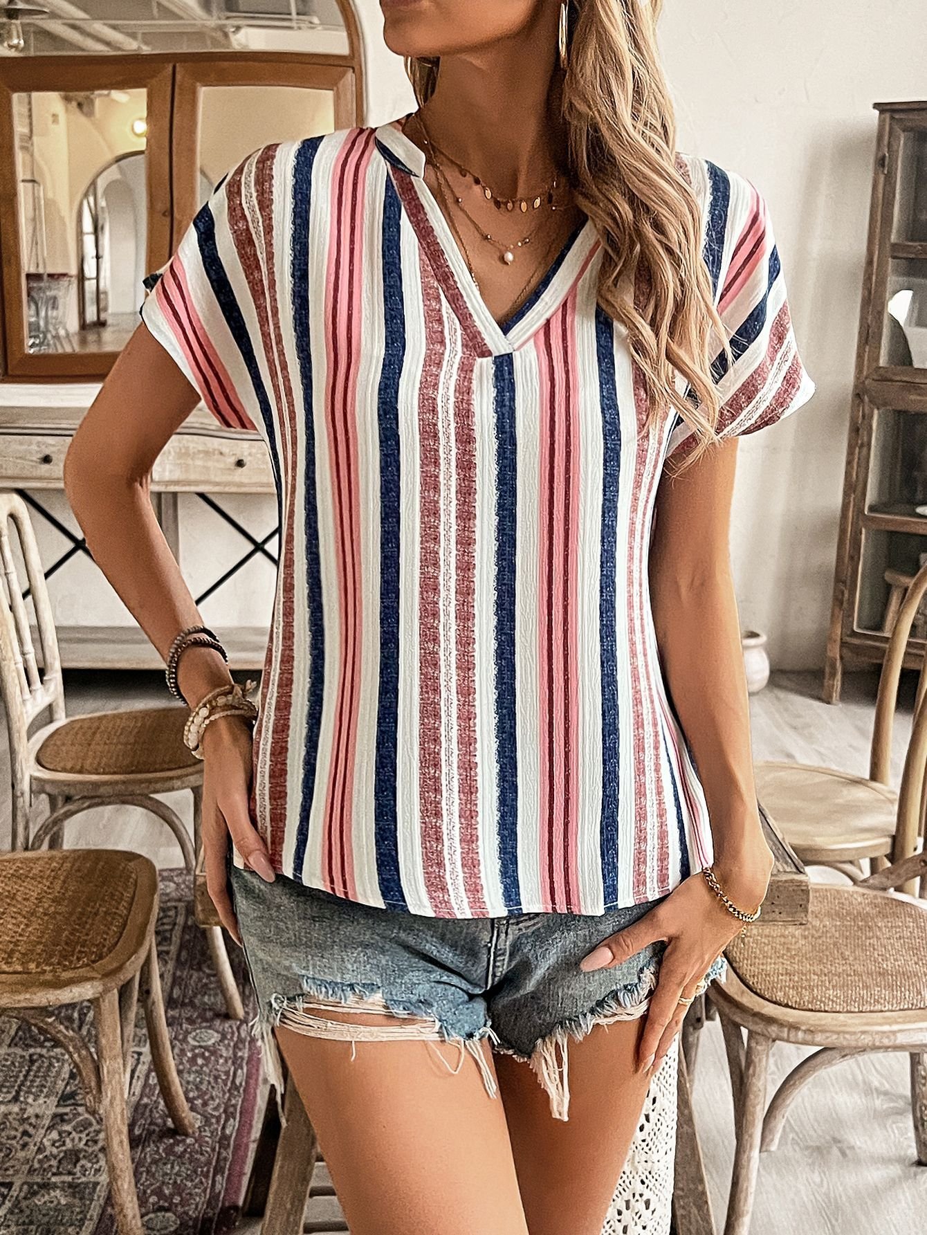 Damen Gestreift Kurzarm T-Shirts T-Shirt V-Ausschnitt Print Lässig Sommer Oberteile