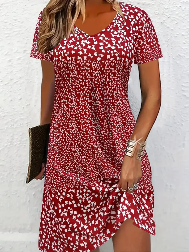 Damen Blumenmuster Kurzarm Sommer Print Kleid Rundhals Täglich Lässig Mini Tunika H-Linie Kleid