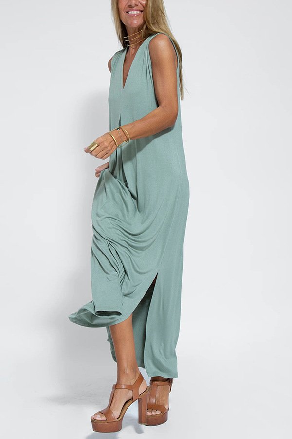Damen Unifarben Ärmellos Sommer Nahtverarbeitung Kleid V-Ausschnitt Täglich Lässig Maxikleid Passen & Flare Kleid A-Linien-Kleid