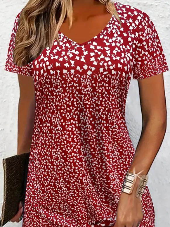 Damen Blumenmuster Kurzarm Sommer Print Kleid Rundhals Täglich Lässig Mini Tunika H-Linie Kleid