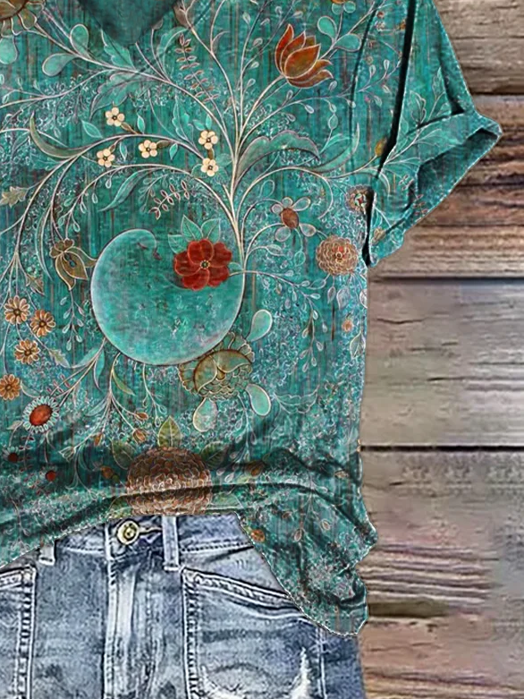 Damen Geblümt Kurzarm T-Shirts T-Shirt V-Ausschnitt Print Lässig Sommer T-Shirt mit Grafik Oberteile