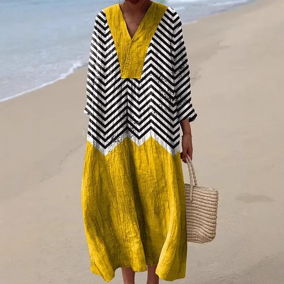 Damen Gestreift Langarm Frühling/Herbst Kleid V-Ausschnitt Täglich Lässig Maxikleid A-Linien-Kleid