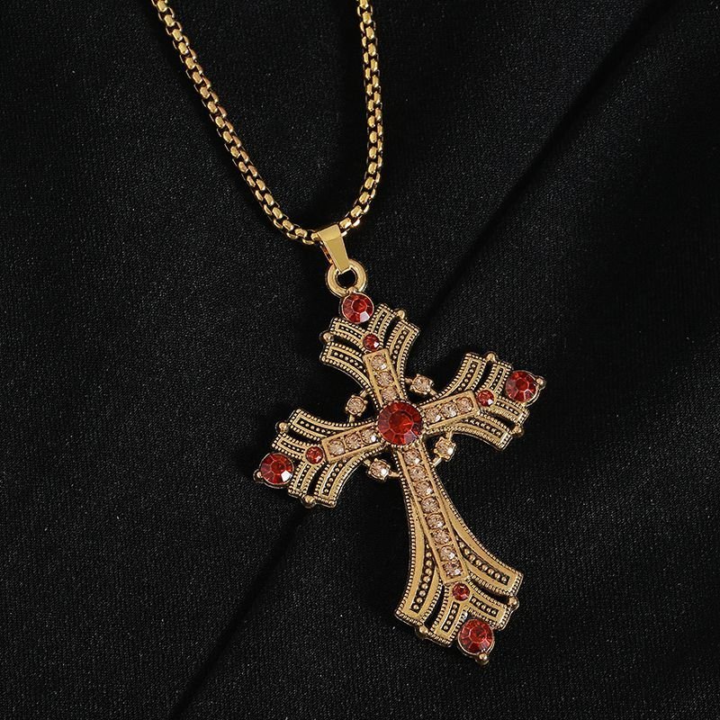 2025 Neu Retro Diamant Halskette Strass Lang Kreuz Pendant Pullover Kette Fashion fortschrittlich PUNK Halskette