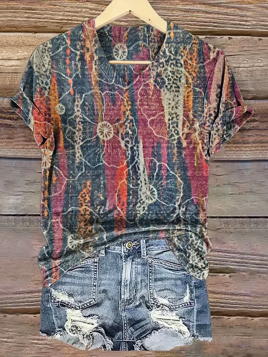 Damen Geblümt Kurzarm T-Shirts T-Shirt V-Ausschnitt Print Lässig Sommer T-Shirt mit Grafik Oberteile