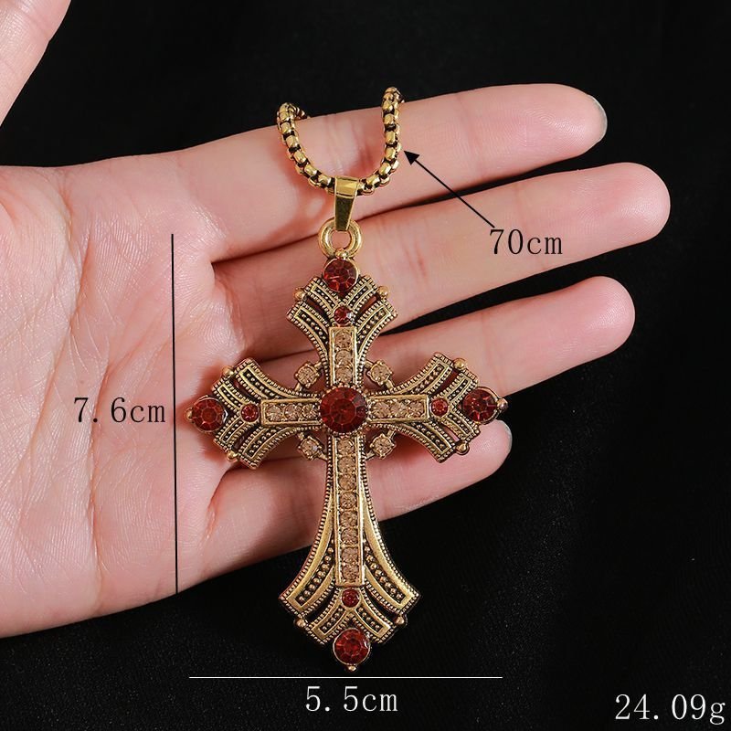2025 Neu Retro Diamant Halskette Strass Lang Kreuz Pendant Pullover Kette Fashion fortschrittlich PUNK Halskette